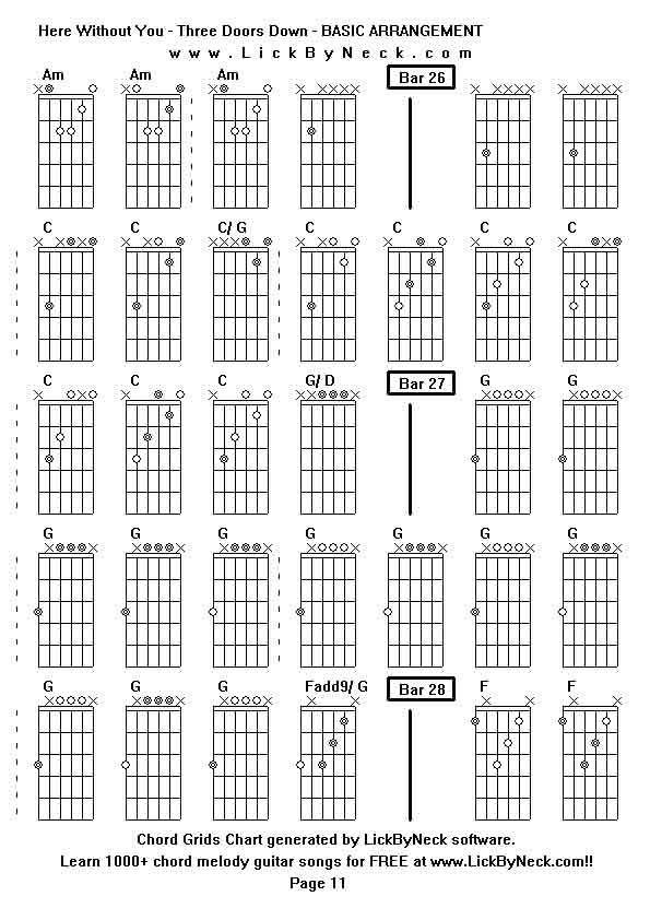 Chord Grids Chart of chord melody fingerstyle guitar song-Here Without You - Three Doors Down - BASIC ARRANGEMENT,generated by LickByNeck software.